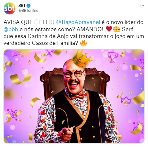 Marcas no BBB: Tiago Abravanel, neto de Silvio Santos, tornou-se o segundo líder do BBB. SBT criou publicação de comemoração com brincadeira de nomes de programas do SBT. Ação uniu as duas emissoras em torno do reality show.
