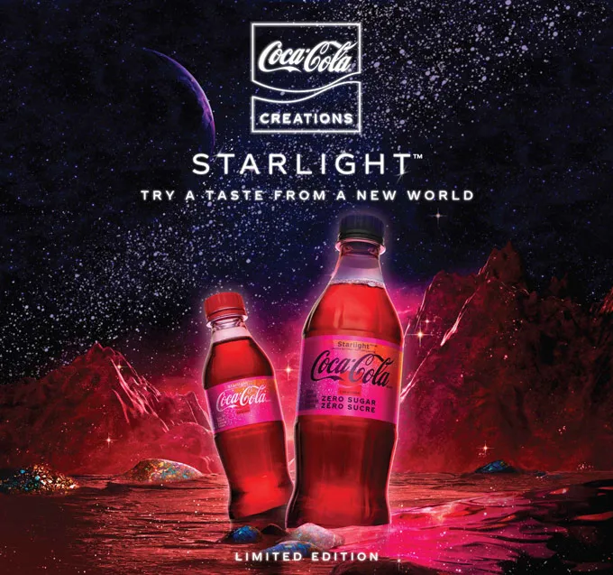 Coca-Cola Starlight. Sabor inédito com “inspiração no Espaço Sideral”. Lançada dia 21 de fevereiro de 2022 na América do Norte, Europa e Ásia. Imagem: Divulgação/Coca-Cola.