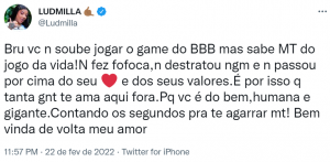 Big Brother Brasil 2022: Ludmilla comenta saída de Brunna. Imagem: Reprodução/Twitter