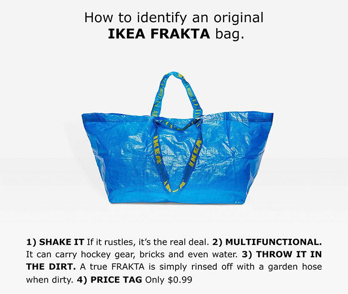 Bolsa sacola: Ikea responde à Balenciaga. Na imagem, Ikea descreve as características do produto original, em forma de meme, após lançamento da Balenciaga.