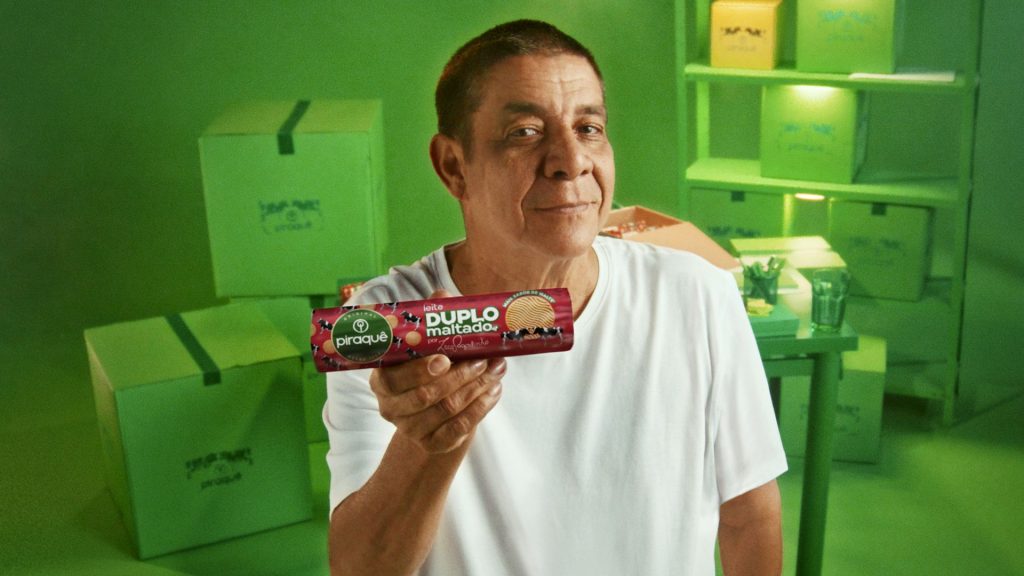 Piraquê: campanha do novo produto Duplo Malte ou Maltadão com o embaixador da marca, Zeca Pagodinho. Imagem: Divulgação/site oficial Piraquê.