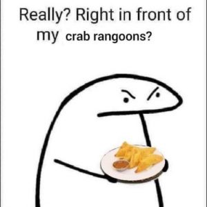“Sério? Sério? Na frente dos meus aperitivos de caranguejo?”. “Really? Really? In front of my crab ragoons?”. Reprodução/ Perfil Oficial do Twitter Flork of Cows.