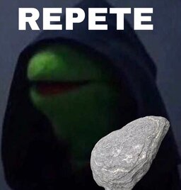 Memes HOTD: Kermit (Caco o Sapo) com capuz e pedra na mão. Texto: Repete. Em referência ao Daemon Targaryen e sua esposa. Imagem: Reprodução.