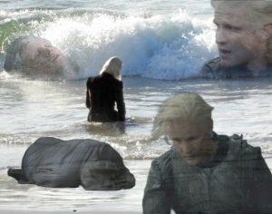 Memes HOTD: montagem com Daemon Targaryen triste no mar em três situações. Imagem: Reprodução.
