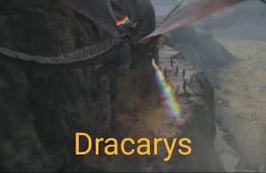Memes HOTD: Dracarys. Imagem de dragão do Laenor Velaryon com vapor LGBTQ ao invés do vapor de fogo.