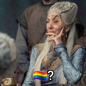 Memes HOTD: Rhaenys Velaryon com olhar de meme do olho e bandeira gay com interrogação em referência ao seu filho gay, Laenor Velaryon. Imagem: Reprodução.