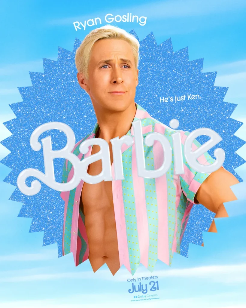 Cartaz do filme da Barbie. Ken com Ryan Gosling. Imagem: Divulgação.