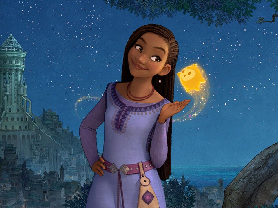 Disney para dormir: playlist no Spotify tem música para dormir com músicas Disney. Na imagem, Asha e a estrela amarela animada do filme WISH. Imagem: divulgação.