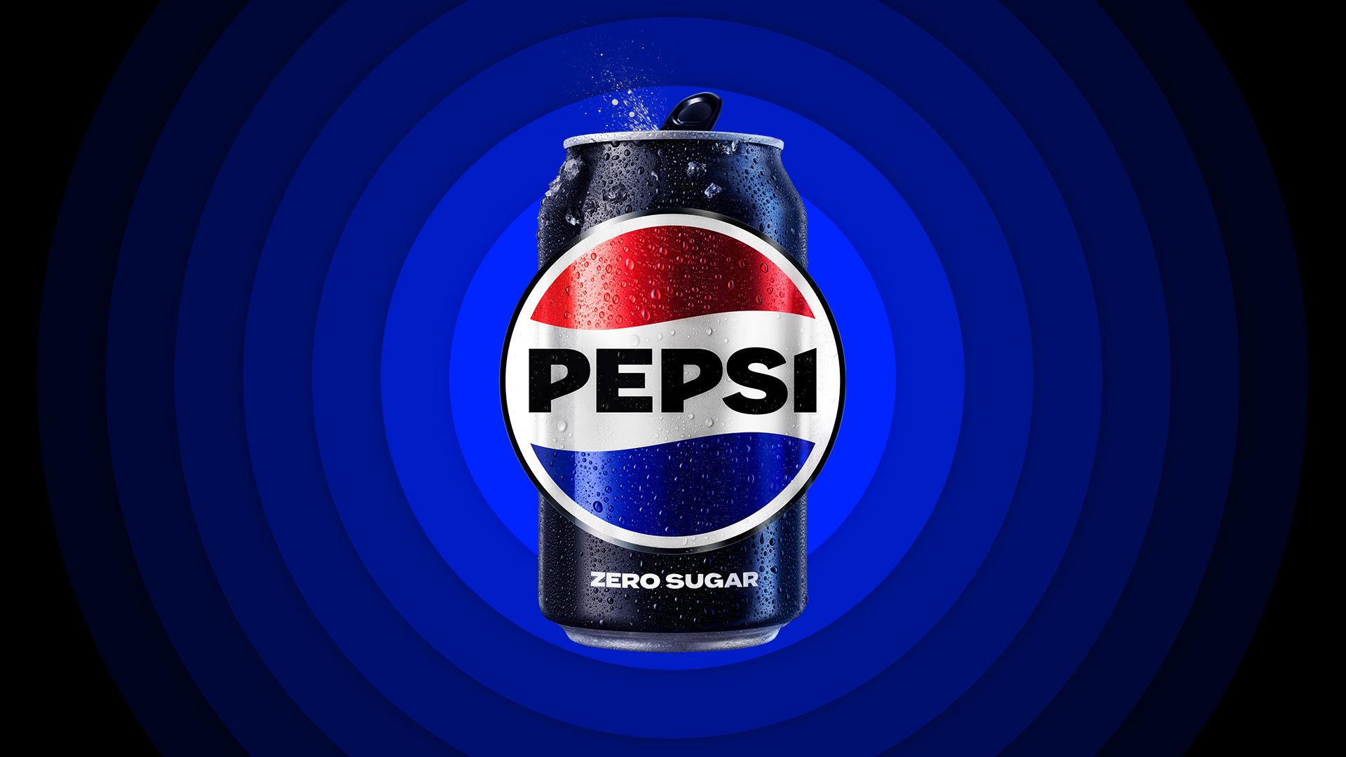 Rebranding Pepsi 2024. Lata zero açúcar é preta e está presente em toda identidade visual, reforçando ter menor volume de açúcar em todos os produtos. Imagem: Divulgação da marca Pepsi.