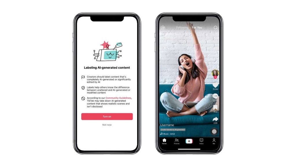 TikTok identifica IA: marca dágua para conteúdo feito por Inteligência Artificial. Imagem: Tik Tok for Business. Divulgação.