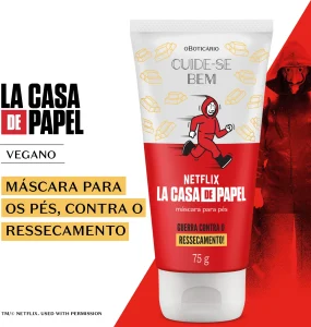 Boticário e Netflix. Parceria com La Casa de Papel resultou em produtos temáticos da série. Imagem: Divulgação / Netflix / O Boticário.