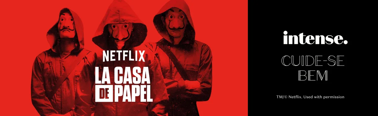 Boticário e Netflix. Parceria com La Casa de Papel resultou em produtos temáticos da série. Imagem: Divulgação / Netflix / O Boticário.