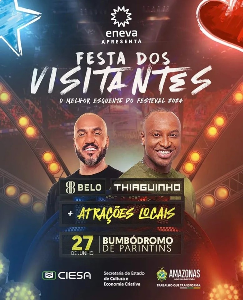 Festa dos Visitantes Parintins 2024. Na imagem, confirmados os cantores Belo e Thiaguinho. Imagem: Divulgação ENEVA.