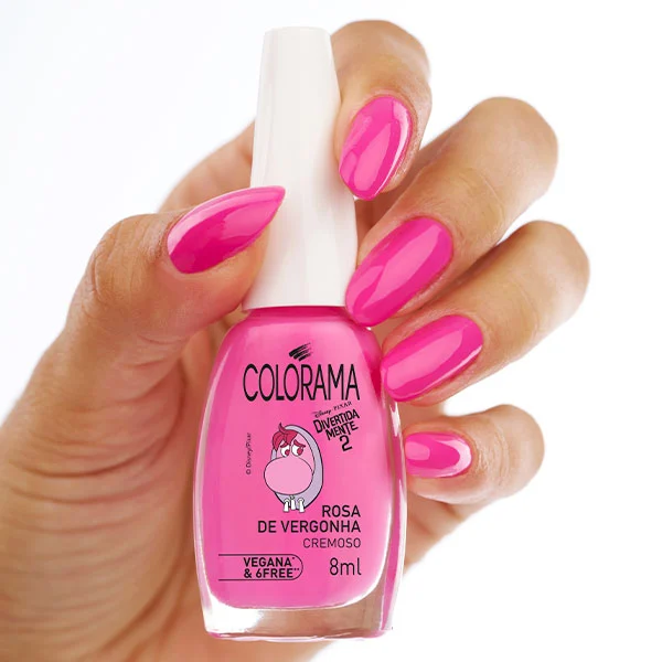 Esmalte Rosa de Vergonha. Esmalte Verde de Inveja. Esmaltes Divertidamente: Colorama cria colaboração com a Disney Pixar. Imagem: Divulgação Colorama.