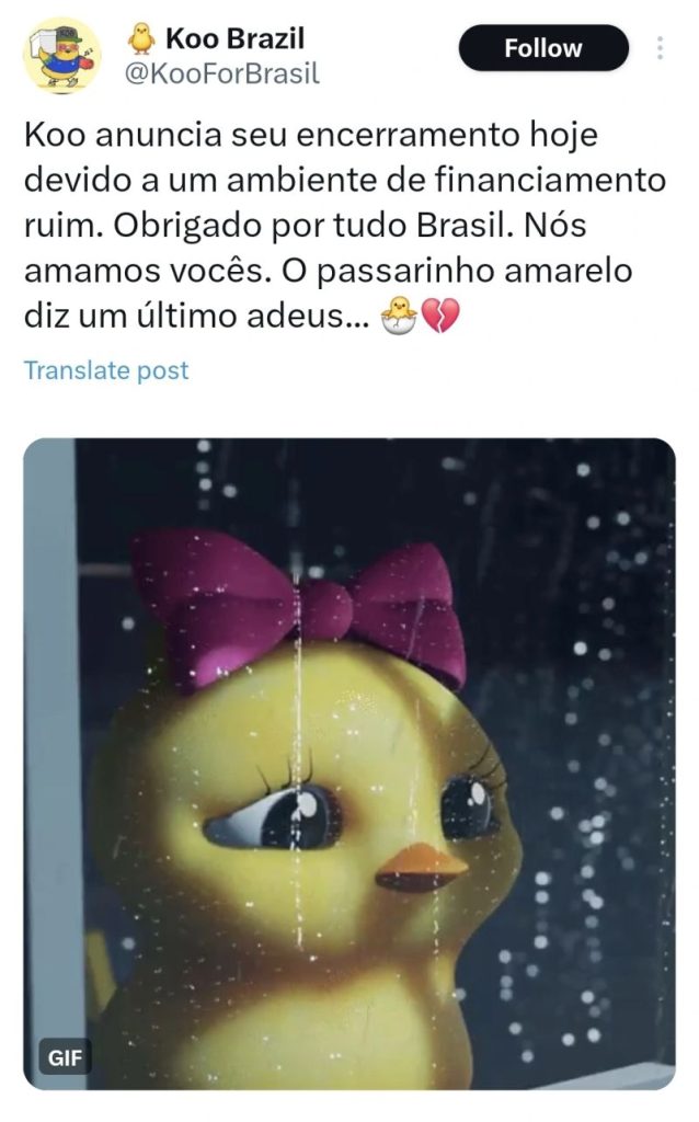 No Twitter Koo Brasil: “Koo anuncia seu encerramento hoje devido a um ambiente de financiamento ruim. Obrigado por tudo Brasil. Nós amamos vocês. O passarinho amarelo diz um último adeus…”